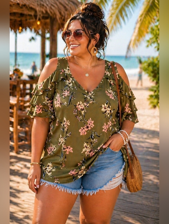 George Tops - George Plus Size Olive Floral Cold Shoulder Top | Flowy Ruffle | 1X